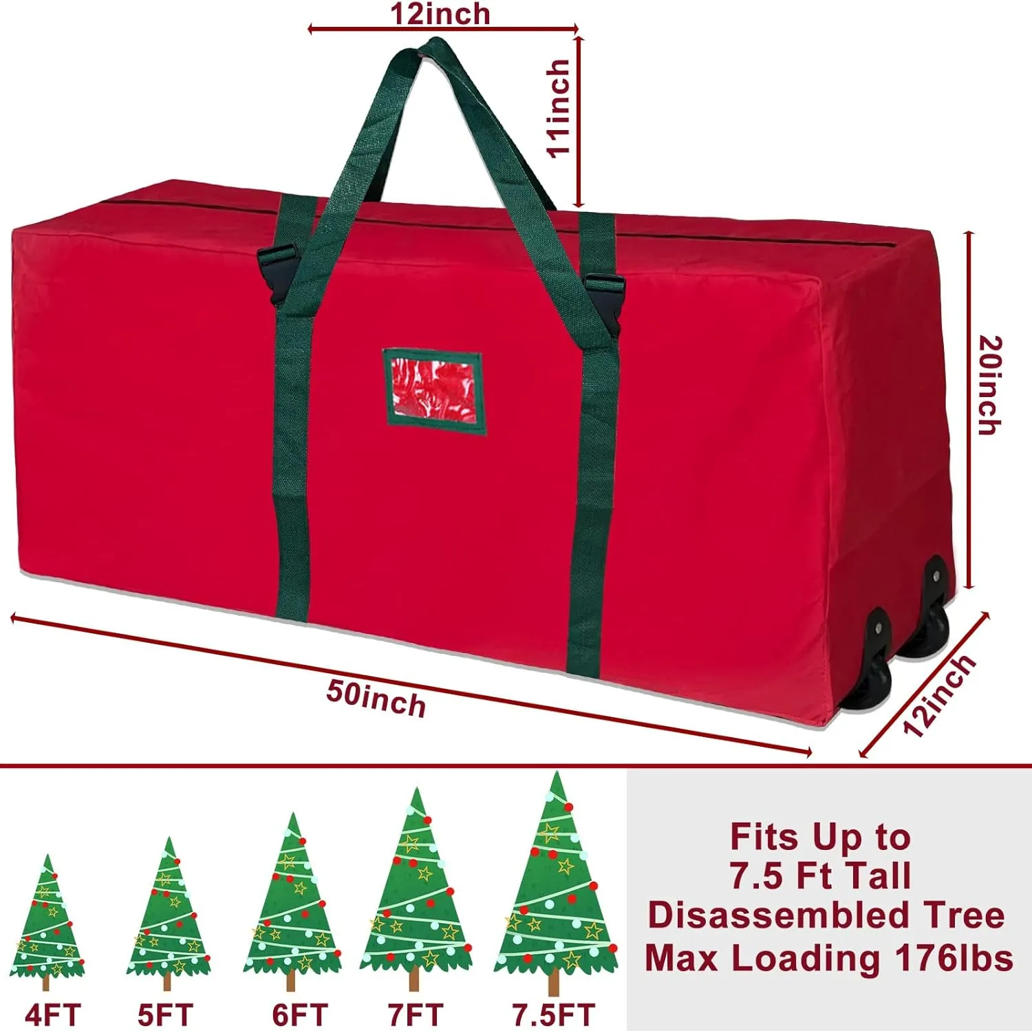 [ 2 Wheels & Buckle Straps ] Rolling Christmas Tree Storage Bag Fits 7.5 Ft Disassembled Tree, 50x20x12 Inch Waterproof 600D Oxford Card Slot Handles Dual Zipper Holiday Xmas Storage Container (Red)