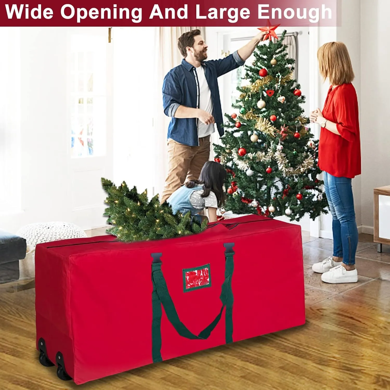 [ 2 Wheels & Buckle Straps ] Rolling Christmas Tree Storage Bag Fits 7.5 Ft Disassembled Tree, 50x20x12 Inch Waterproof 600D Oxford Card Slot Handles Dual Zipper Holiday Xmas Storage Container (Red)