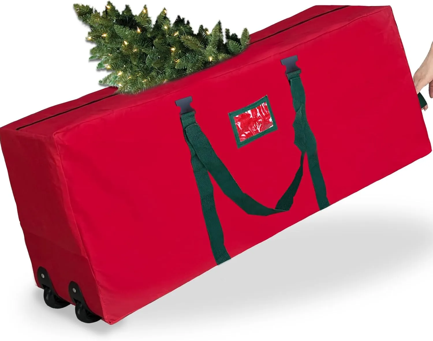 [ 2 Wheels & Buckle Straps ] Rolling Christmas Tree Storage Bag Fits 7.5 Ft Disassembled Tree, 50x20x12 Inch Waterproof 600D Oxford Card Slot Handles Dual Zipper Holiday Xmas Storage Container (Red)