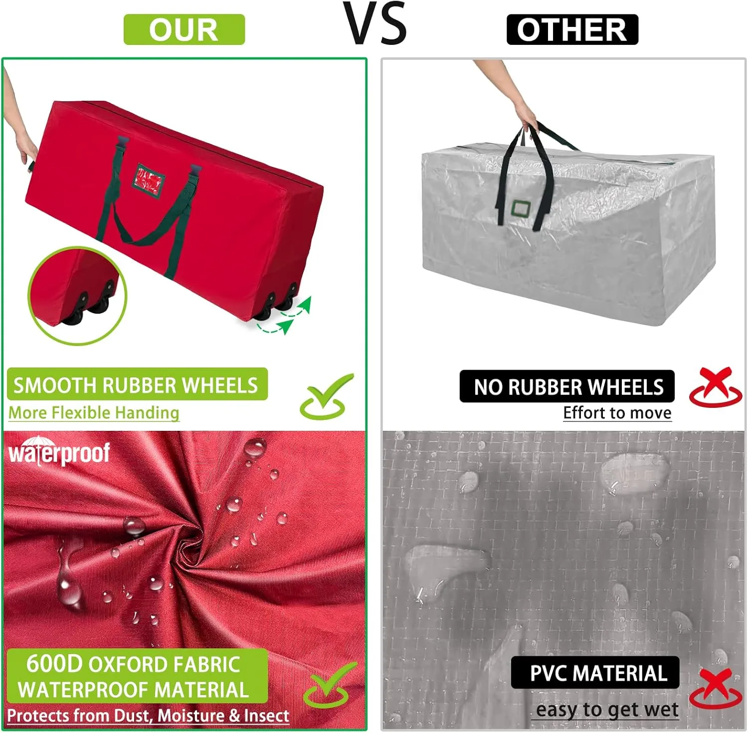 [ 2 Wheels & Buckle Straps ] Rolling Christmas Tree Storage Bag Fits 7.5 Ft Disassembled Tree, 50x20x12 Inch Waterproof 600D Oxford Card Slot Handles Dual Zipper Holiday Xmas Storage Container (Red)