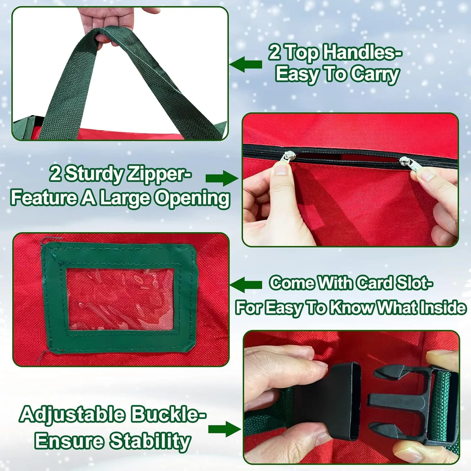 [ 2 Wheels & Buckle Straps ] Rolling Christmas Tree Storage Bag Fits 7.5 Ft Disassembled Tree, 50x20x12 Inch Waterproof 600D Oxford Card Slot Handles Dual Zipper Holiday Xmas Storage Container (Red)