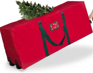 [ 2 Wheels & Buckle Straps ] Rolling Christmas Tree Storage Bag Fits 7.5 Ft Disassembled Tree, 50x20x12 Inch Waterproof 600D Oxford Card Slot Handles Dual Zipper Holiday Xmas Storage Container (Red)