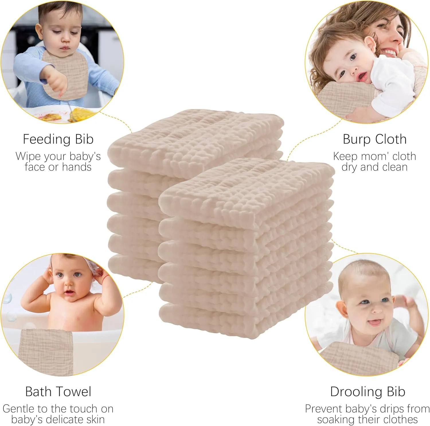12 Pack Muslin Burp Cloths 100% Cotton Muslin Cloths Large 20''x10'' Extra Soft and Absorbent Baby Burping Cloth - Brown