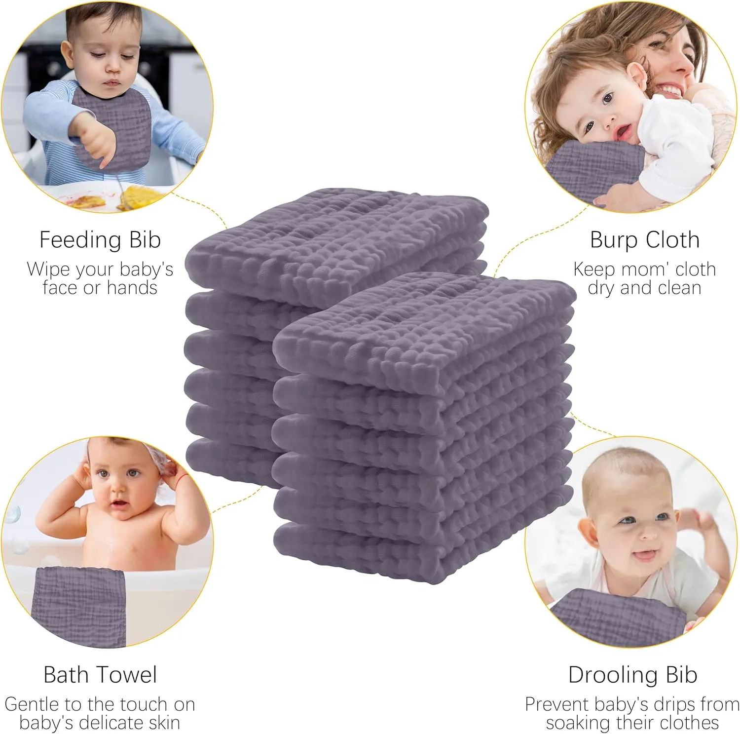 12 Pack Muslin Burp Cloths 100% Cotton Muslin Cloths Large 20''x10'' Extra Soft and Absorbent Baby Burping Cloth - Grey