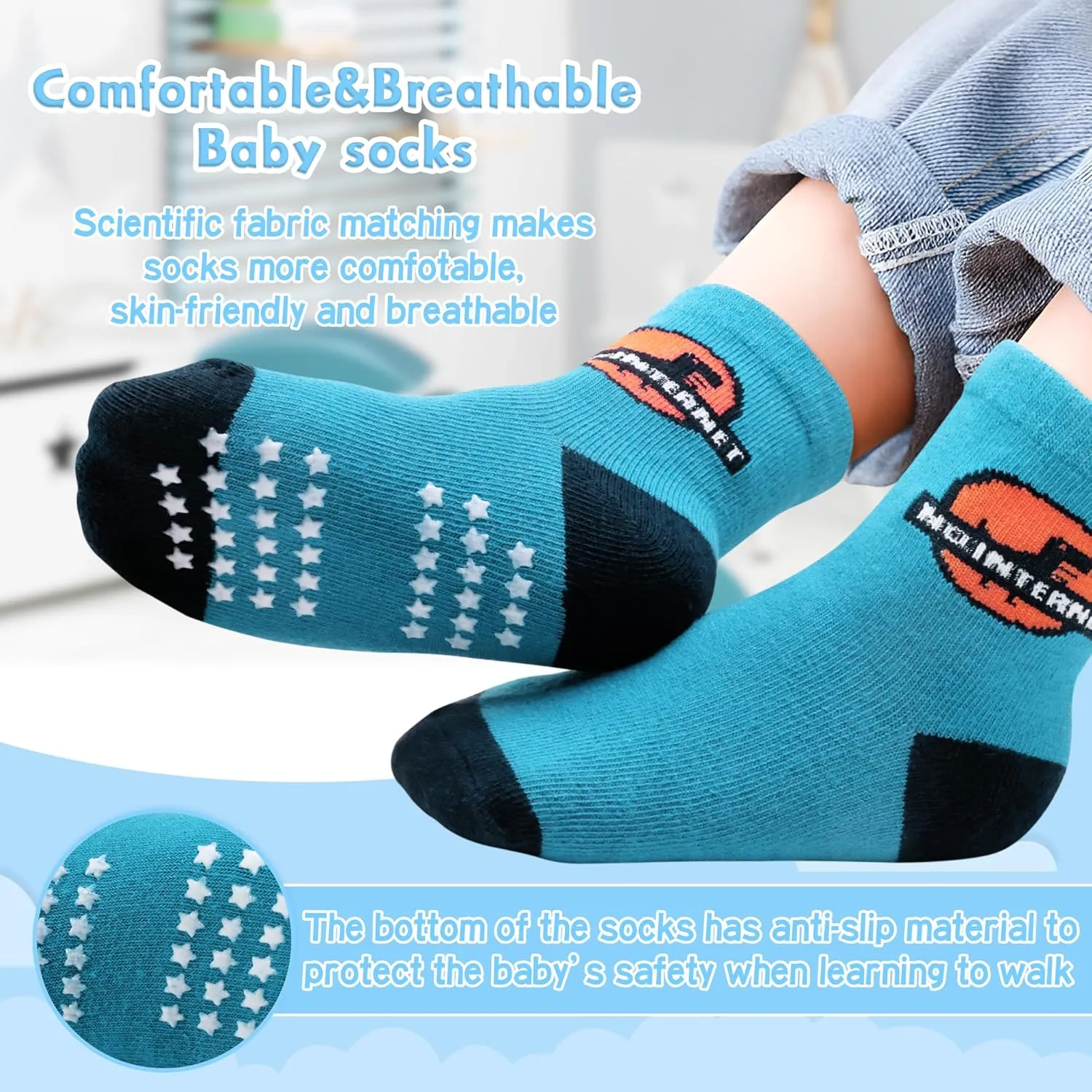 12 Pack Non Slip Kids Toddler Baby Socks with Grips for 1-7 Years Boys Girls Cotton Crew Socks Multi Colors