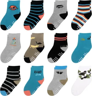 12 Pack Non Slip Kids Toddler Baby Socks with Grips for 1-7 Years Boys Girls Cotton Crew Socks Multi Colors
