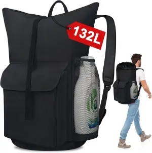 132L Laundry Bag Backpack, Extra Large Travel Heavy Duty Landry Bags with Shoulder Straps and Mesh Pocket, Drawstring Closure Design Laundry Hamper Bag for College Dorm, Laundromat, Apartment, Black