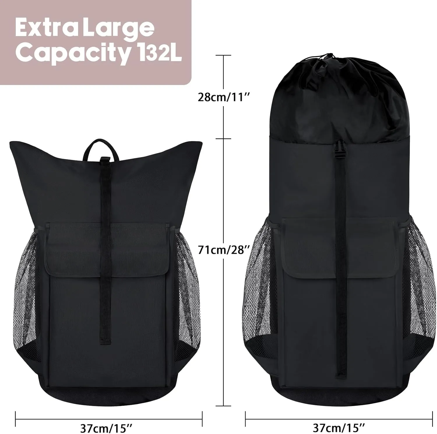 132L Laundry Bag Backpack, Extra Large Travel Heavy Duty Landry Bags with Shoulder Straps and Mesh Pocket, Drawstring Closure Design Laundry Hamper Bag for College Dorm, Laundromat, Apartment, Black