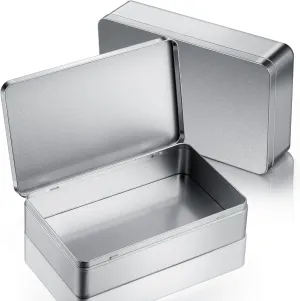 2 Pack 8.5 by 5.3 by 1.9 Inch Silver Rectangular Empty Tin Box Containers, Gift, Jewelery and Storage Tin Kit, Home Organizer