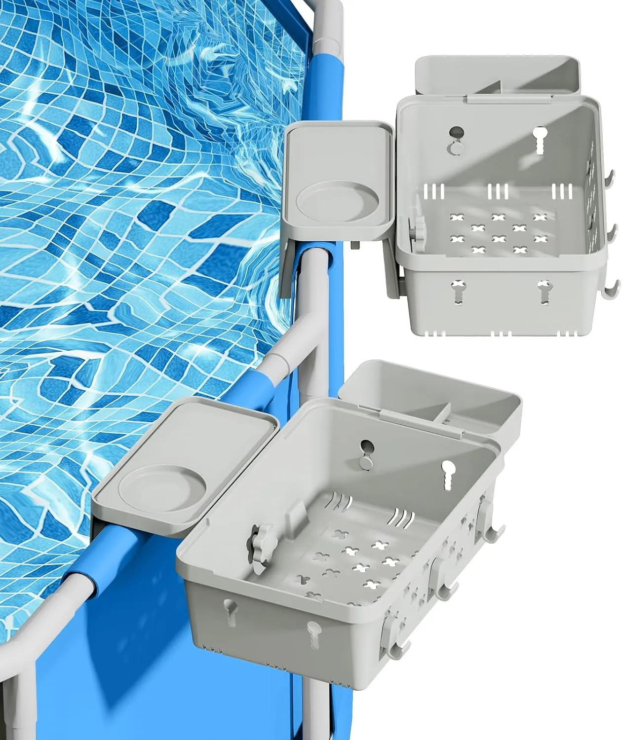 2-Pack Above Ground Pool Basket with Pool Cup Holders - XL Poolside Storage Basket for Drinks & Gear, Fits 3" Rails, Bestway Pool Accessories Compatible Pool Essentials