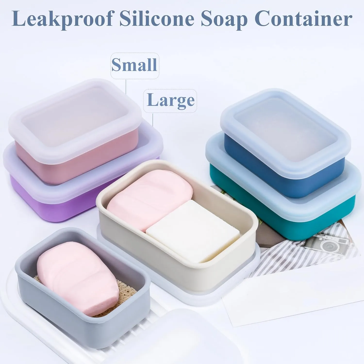2PC Portable Leakproof Travel Soap Case, Silicone Travel Soap Case, Compact Soap Holder with Drainage Layer, Travel Soap Holder for Camping, Gym, Outdoor Turquoise&flamigo