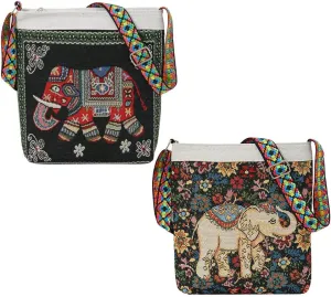 2Pcs Ethnic Style Crossbody Bag Elephant Embroidery Square Purse Vintage Shoulder Bag For Women