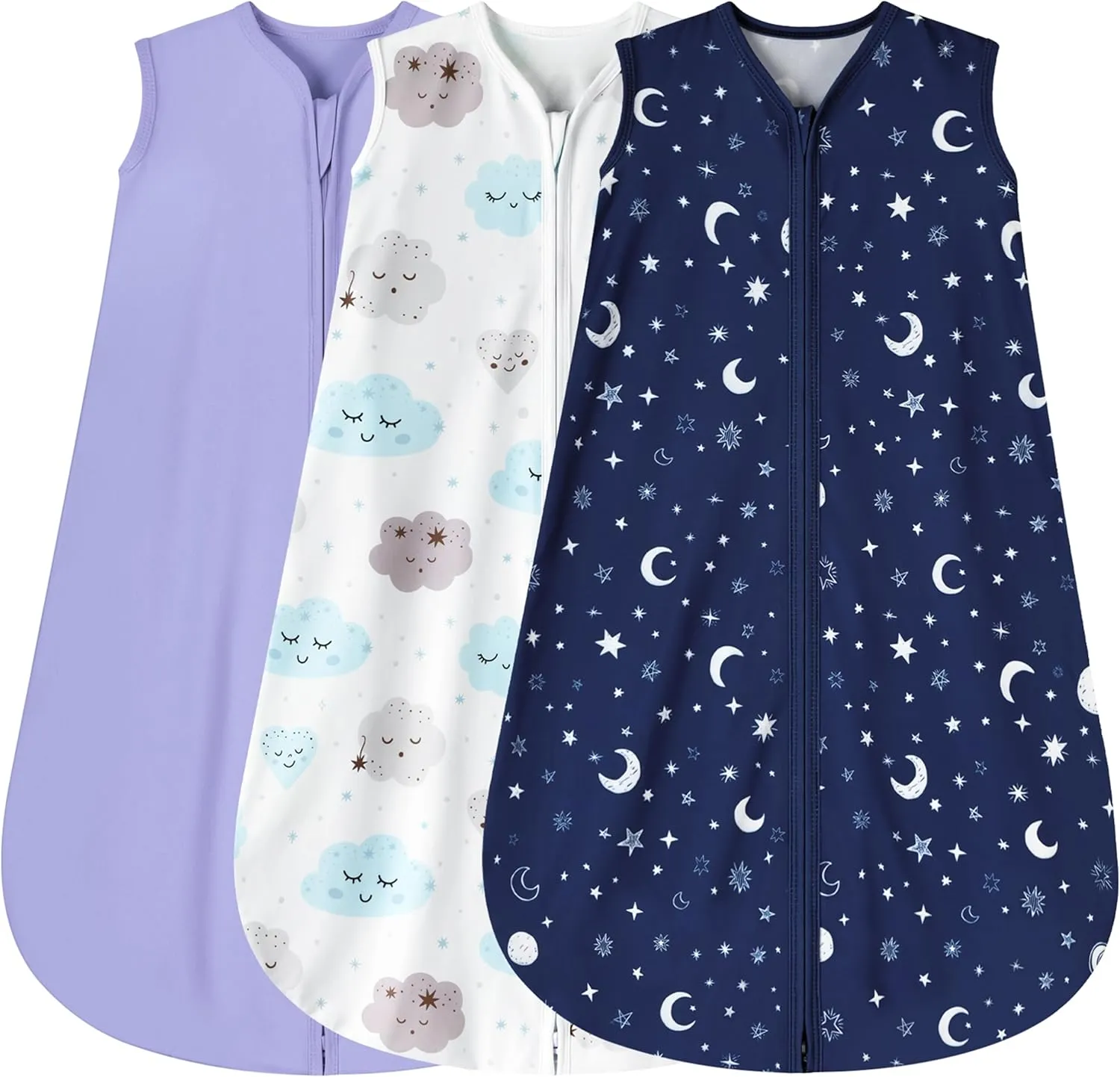3 Pack Baby Sleep Sack 12-18 Months 100% Rayon Cotton Baby Sleeping Bag 2-Way Zipper Toddler Wearable Blankets Comfy Stretchy Lightweight TOG 0.3 （Purple&Clouds&Starry Sky）