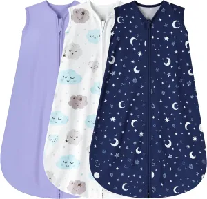 3 Pack Baby Sleep Sack 12-18 Months 100% Rayon Cotton Baby Sleeping Bag 2-Way Zipper Toddler Wearable Blankets Comfy Stretchy Lightweight TOG 0.3 （Purple&Clouds&Starry Sky）