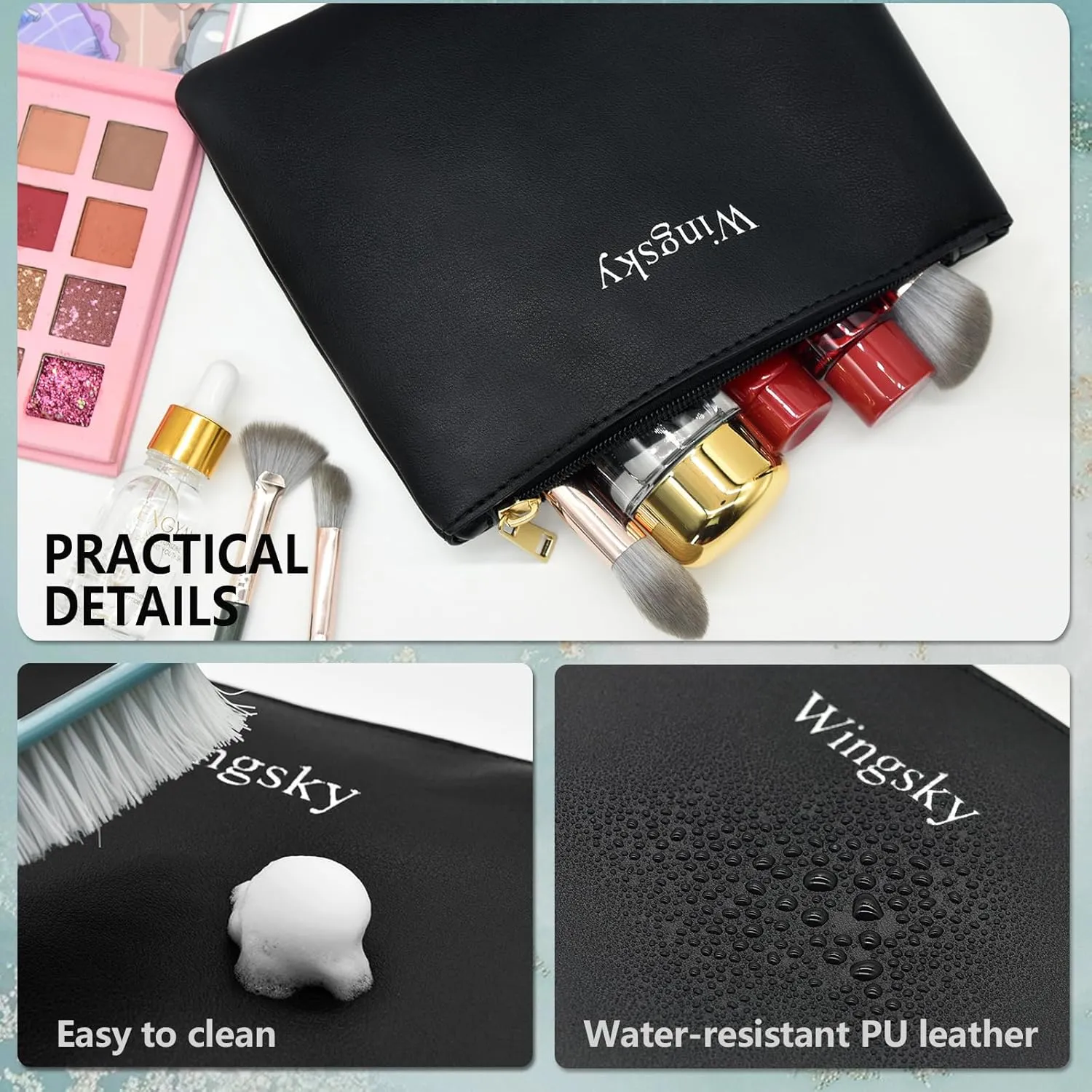 3 Pack Makeup Bag for Purse, Vegan Leather, Travel Makeup Pouch Cosmetic Bag Zipper Pouch Bags,Travel Toiletry Bags for Women (C Black, 12.6x9 inch)