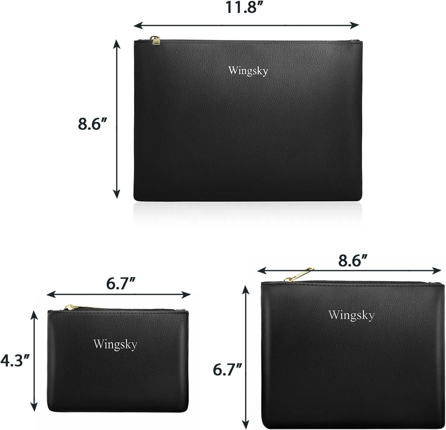 3 Pack Makeup Bag for Purse, Vegan Leather, Travel Makeup Pouch Cosmetic Bag Zipper Pouch Bags,Travel Toiletry Bags for Women (C Black, 12.6x9 inch)