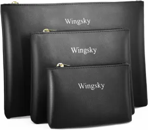 3 Pack Makeup Bag for Purse, Vegan Leather, Travel Makeup Pouch Cosmetic Bag Zipper Pouch Bags,Travel Toiletry Bags for Women (C Black, 12.6x9 inch)