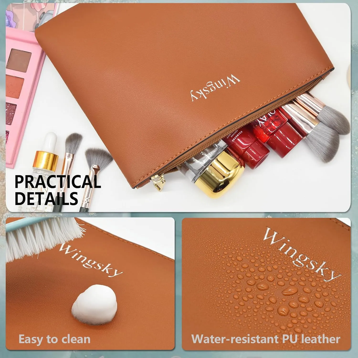 3 Pack Makeup Bag for Purse, Vegan Leather, Travel Makeup Pouch Cosmetic Bag Zipper Pouch Bags,Travel Toiletry Bags for Women (Camel Brown, 12.6x9 inch)