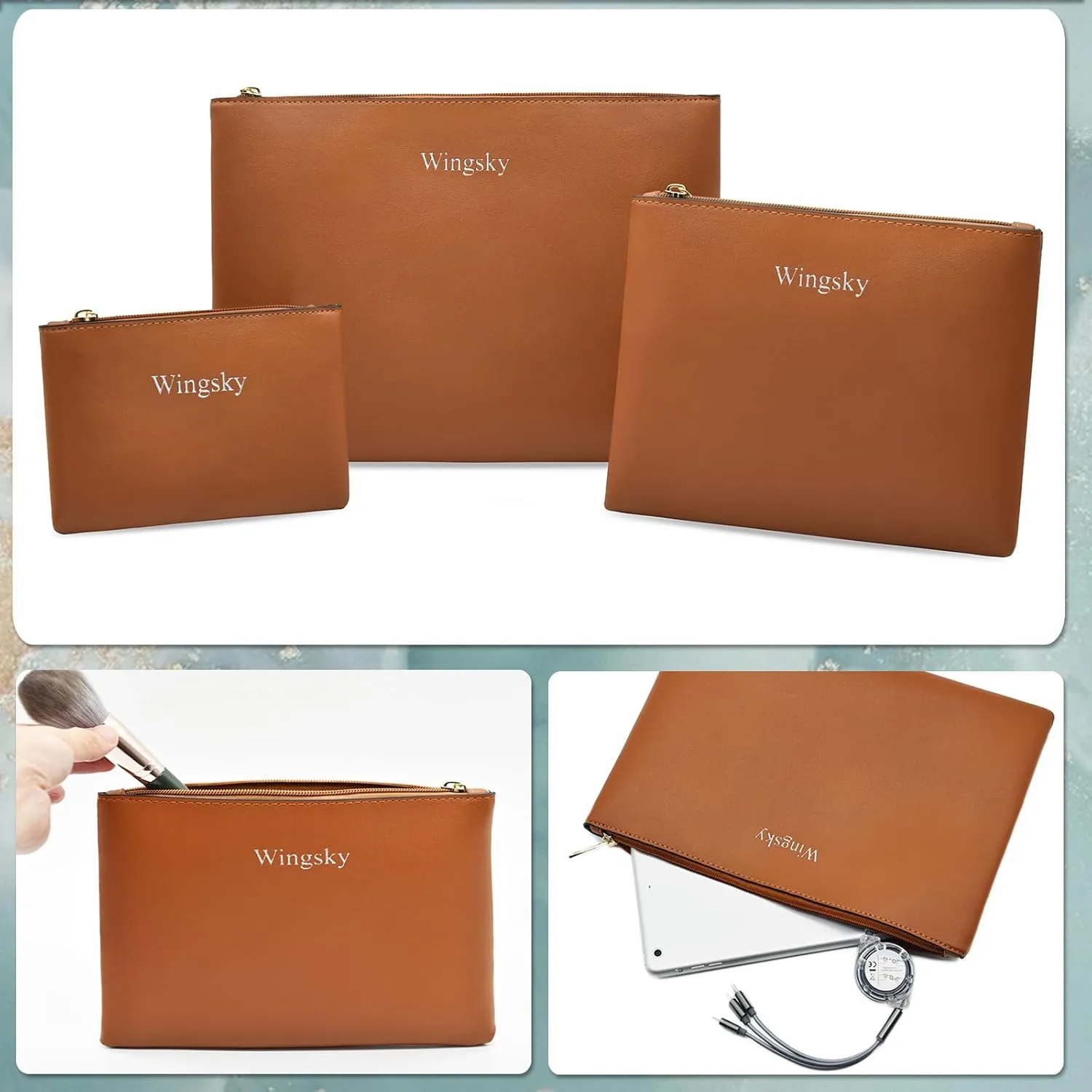 3 Pack Makeup Bag for Purse, Vegan Leather, Travel Makeup Pouch Cosmetic Bag Zipper Pouch Bags,Travel Toiletry Bags for Women (Camel Brown, 12.6x9 inch)