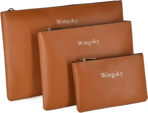 3 Pack Makeup Bag for Purse, Vegan Leather, Travel Makeup Pouch Cosmetic Bag Zipper Pouch Bags,Travel Toiletry Bags for Women (Camel Brown, 12.6x9 inch)