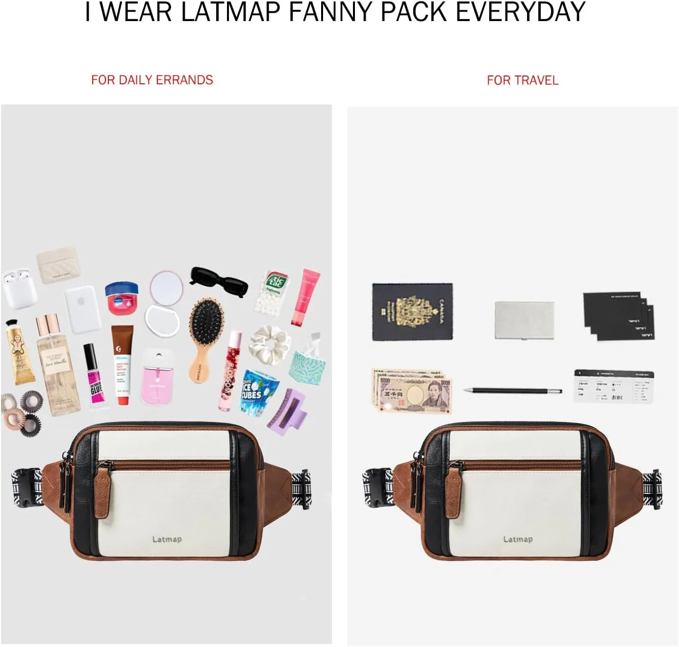 3L TRIPLE ZIP Fanny Packs Belt Bag For Women Men Crossbody Waist Pack Sling Chest Bum Travel Bag Purse Faux Leather Fashion Cute Black