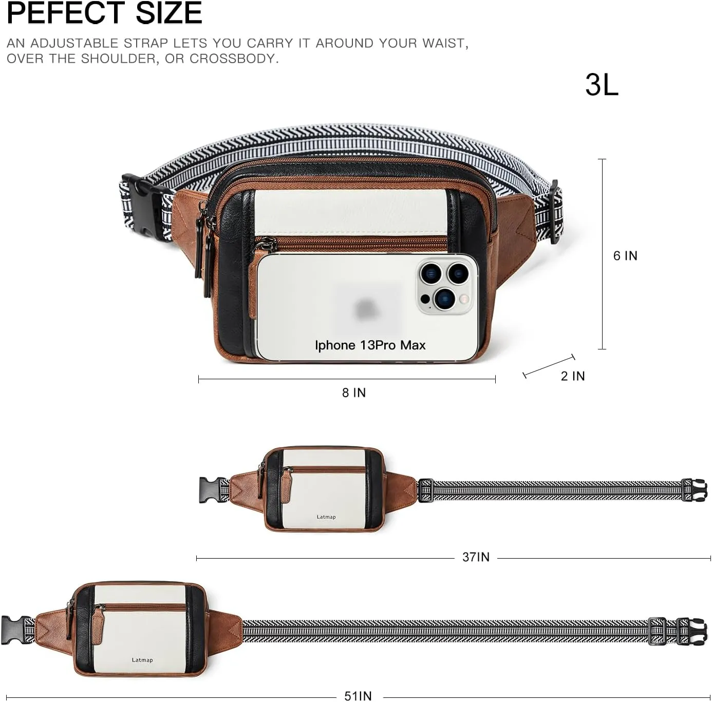 3L TRIPLE ZIP Fanny Packs Belt Bag For Women Men Crossbody Waist Pack Sling Chest Bum Travel Bag Purse Faux Leather Fashion Cute Black