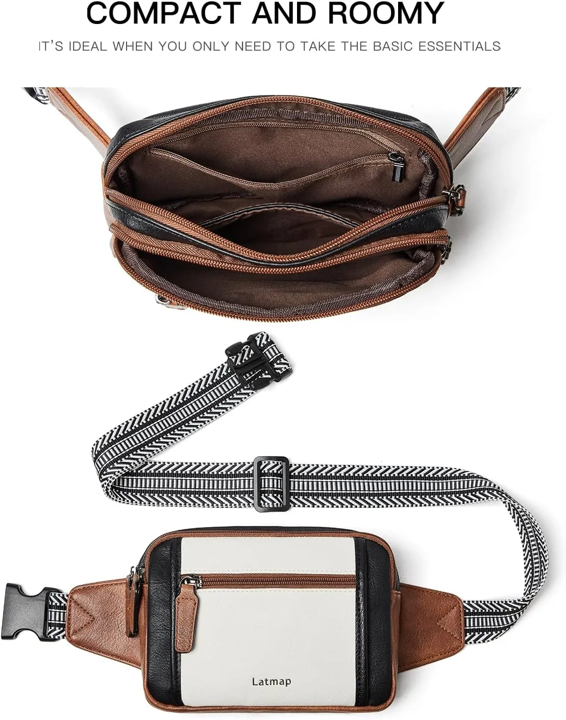 3L TRIPLE ZIP Fanny Packs Belt Bag For Women Men Crossbody Waist Pack Sling Chest Bum Travel Bag Purse Faux Leather Fashion Cute Black