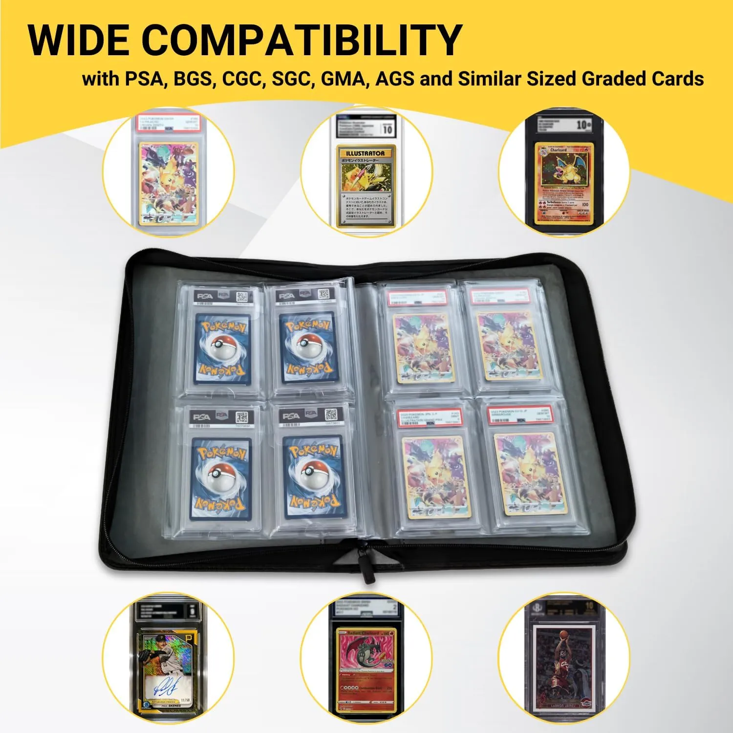 4 Pocket Graded Card Binder – Holds 32 Slabs - Archival Safe Zipper Album Storage Compatible with PSA, BGS, CGC, SGC, TAG and AGS Slab (Black)