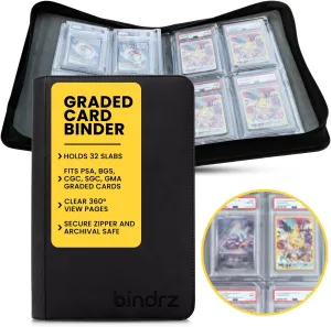 4 Pocket Graded Card Binder – Holds 32 Slabs - Archival Safe Zipper Album Storage Compatible with PSA, BGS, CGC, SGC, TAG and AGS Slab (Black)
