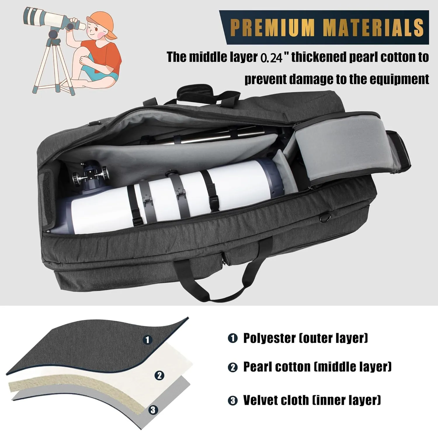 40“ Telescope Bag, Large Telescope Travel Bag for for Telescope Tube & Tripod,Soft Pad Telescope Carrying Case Compatible with Gskyer ToyerBee Celestron Telescope,Storage for Telescope Accessories