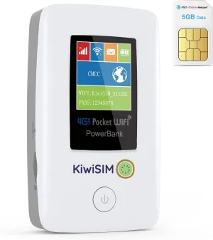 4G LTE WiFi Mobile Hotspot - Pocket WiFi with 5GB Data SIM Card, International Hotspot Router & Power Bank, No Contract or SIM Card Required,10 Connected Devices, Ideal for Travel in The US & Europe