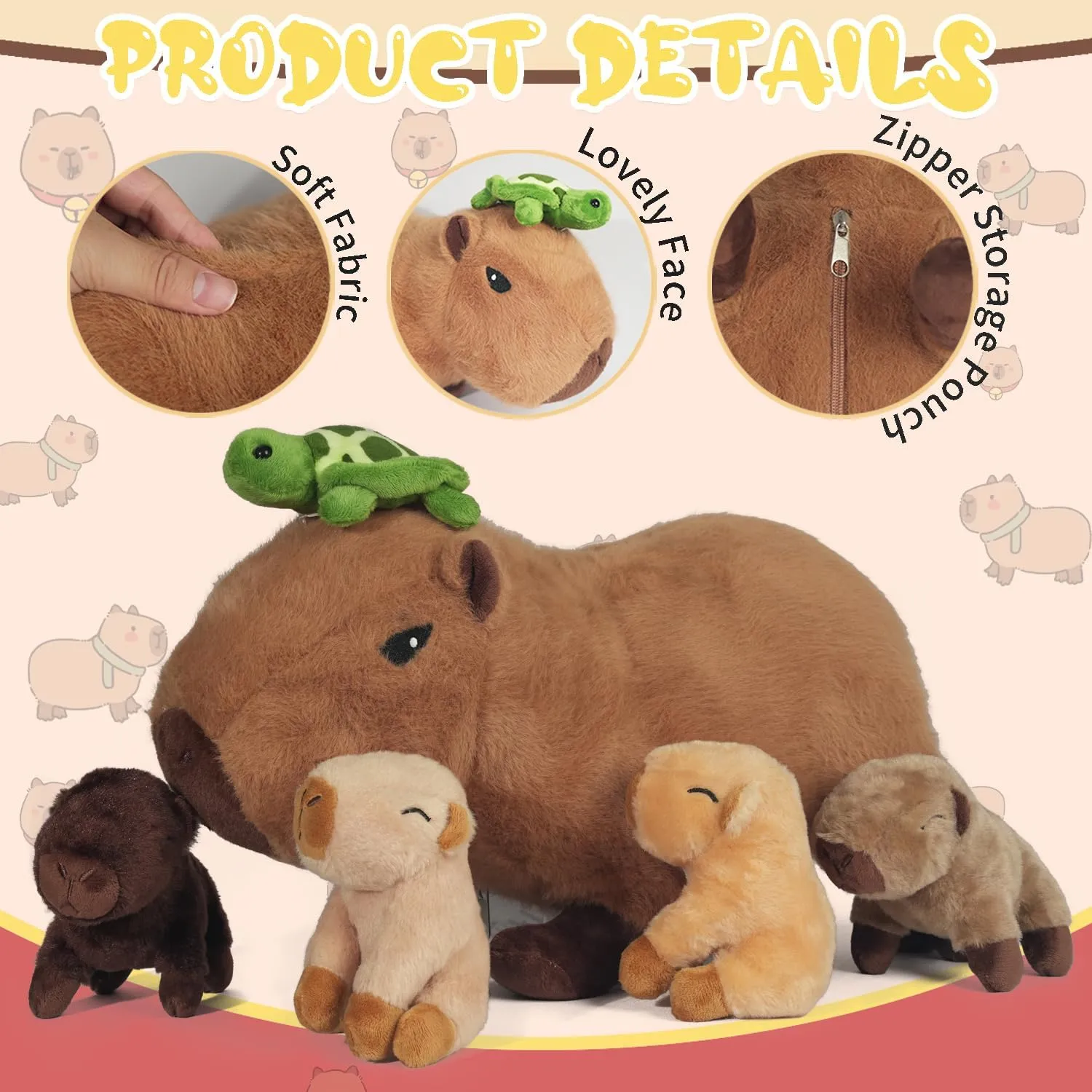 5 in 1 Capybara Plush Large Capybara Stuffed Animal with 4 Cute Babies Inside, 14.2" Mommy Stuffed Capybara Plushies Pillow Toys with Zippered Pouch for Kids Boys Girls Birthday Christmas Party Gifts