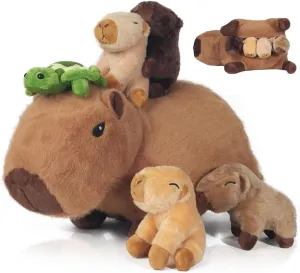 5 in 1 Capybara Plush Large Capybara Stuffed Animal with 4 Cute Babies Inside, 14.2" Mommy Stuffed Capybara Plushies Pillow Toys with Zippered Pouch for Kids Boys Girls Birthday Christmas Party Gifts