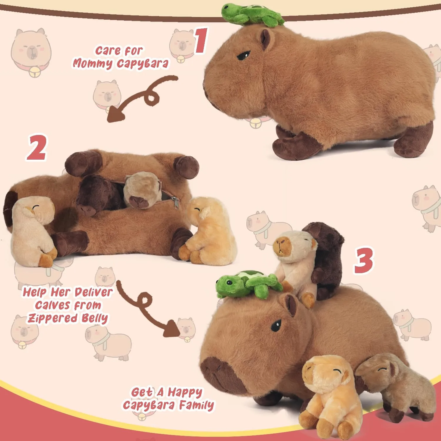 5 in 1 Capybara Plush Large Capybara Stuffed Animal with 4 Cute Babies Inside, 14.2" Mommy Stuffed Capybara Plushies Pillow Toys with Zippered Pouch for Kids Boys Girls Birthday Christmas Party Gifts