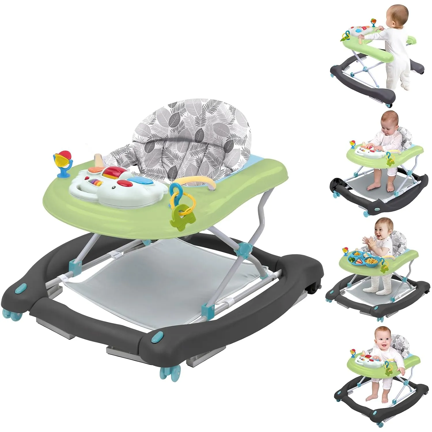 5 in 1 Foldable Baby Walker, Activity Baby Walker-Baby Bouncer, Rocker, Activity Center,Seat and Push Walker,Detachable Trampoline Mat, Adjustable Speed Rear Wheels and Height,Ages 6-18 Months(Green)