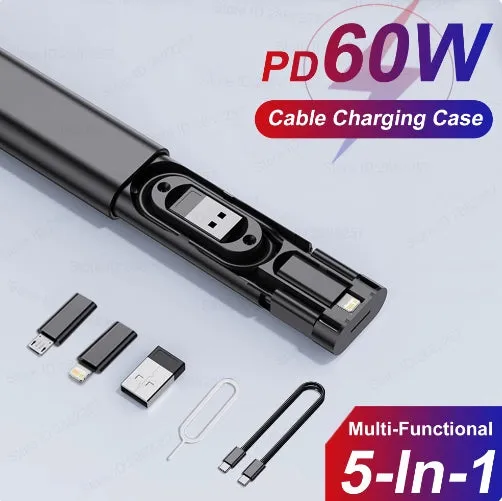 5-in-1 PD60W Fast Charge Cable Conversion Adapter USB Micro iPhone Conversion Adapter USB C to Type C Cable Card Storage Case