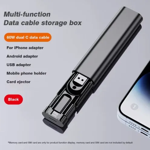 5-in-1 PD60W Fast Charge Cable Conversion Adapter USB Micro iPhone Conversion Adapter USB C to Type C Cable Card Storage Case