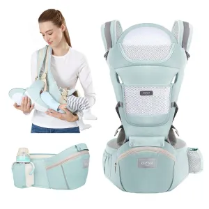 6-in-1 Safety Certified Ergonomic Quality Baby Carrier with Hip Seat: Kangaroo Bag Design for Newborns to Toddlers. Head Supporting Front and Back Support for Parents (Green)