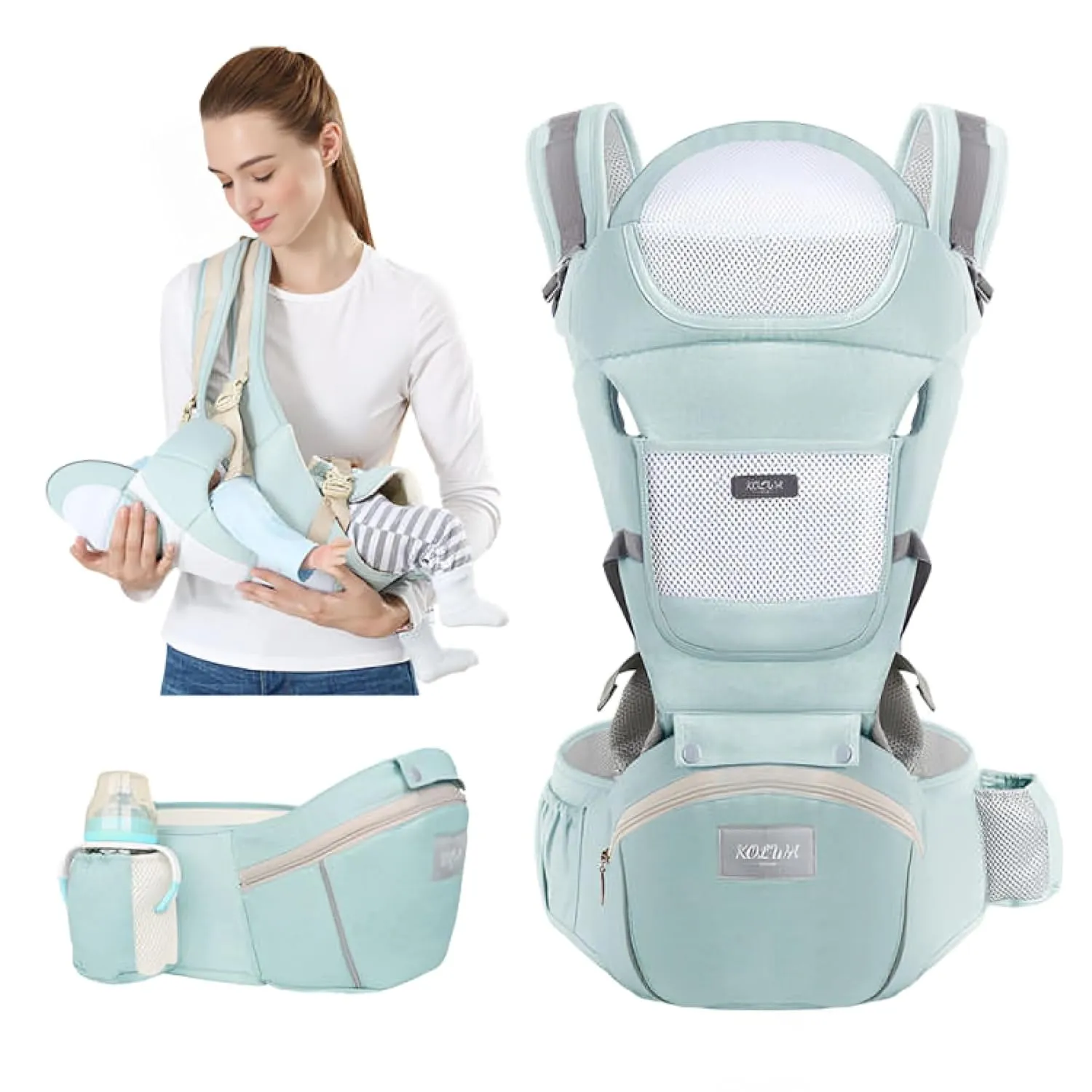 6-in-1 Safety Certified Ergonomic Quality Baby Carrier with Hip Seat: Kangaroo Bag Design for Newborns to Toddlers. Head Supporting Front and Back Support for Parents (Green)