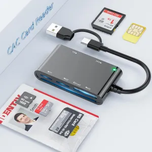 6 in 2 Multi Memory Card Reader, USB CAC Card Reader with SDHC/SDXC/SD Card Reader & Micro SD Card Adapter, Smart Card Reader for SIM, MS, M2, MMC RS & 4.0 for Windows, Linux, Mac OS