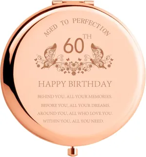 60th Birthday Gifts for Women Stainless Steel Portable Compact Makeup Mirror Behind You All Your Memories Best 60 Years Old Birthday Gift Ideas with Gift Box Engraved Mirror for Wife Friend Rose Gold