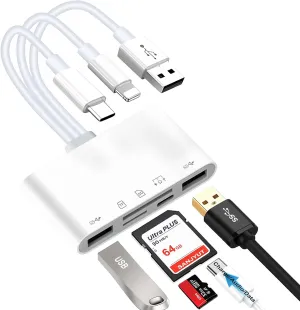7-in-1 Memory Card Reader Universal Card Reader for iPhone/iPad with USB/USB C Connector & SD/TF Card Slots USB OTG Adapters Supports SD/Micro SD/SDHC/SDXC/MMC Memory Cards Plug and Play