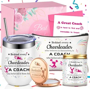 7 Pcs Cheer Coach Gifts for Women Cheerleader Gifts Include Cheer Tumbler Cup, Makeup Bag, Compact Mirror, Candle Cheerleader Card for Coach Birthday(Rose Red)