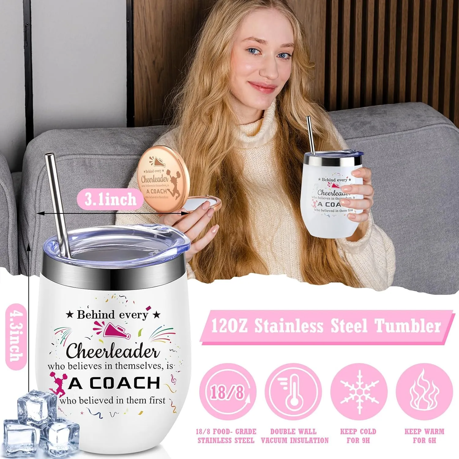 7 Pcs Cheer Coach Gifts for Women Cheerleader Gifts Include Cheer Tumbler Cup, Makeup Bag, Compact Mirror, Candle Cheerleader Card for Coach Birthday(Rose Red)