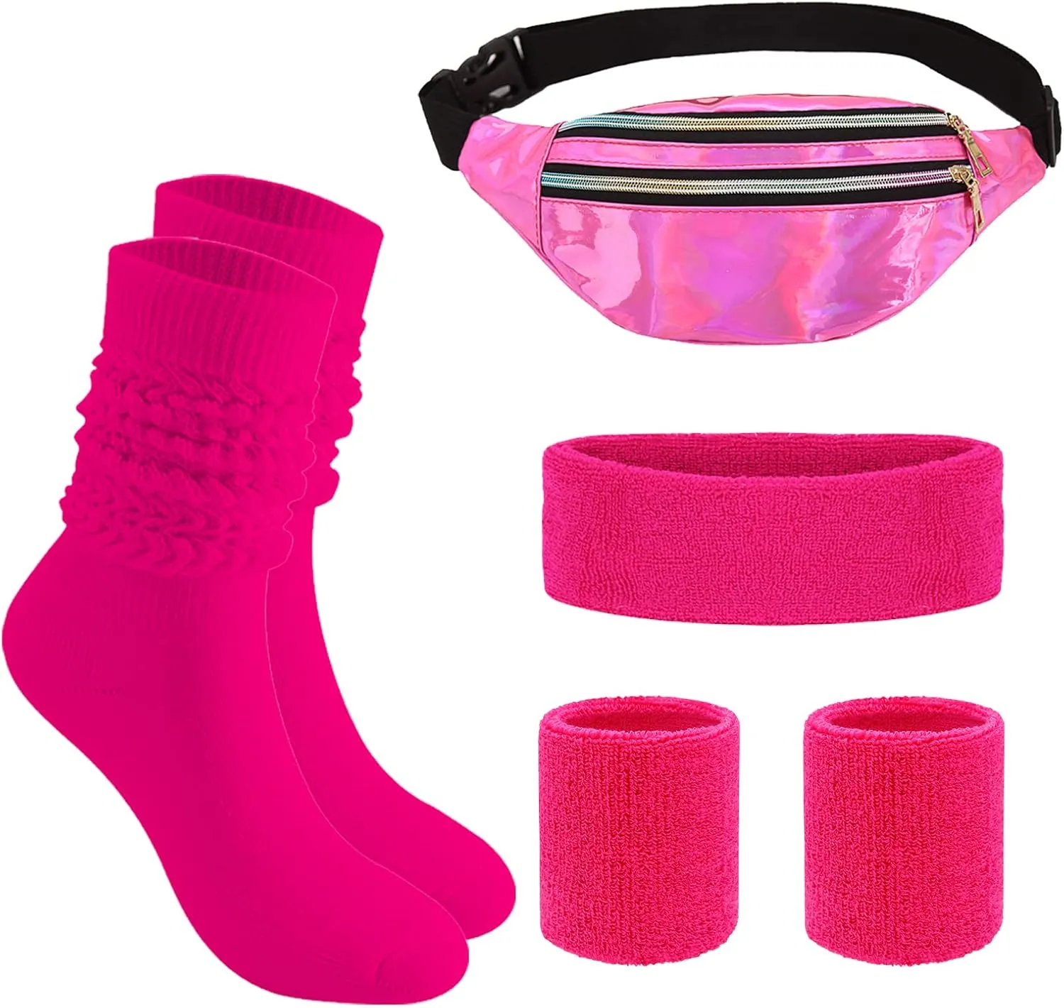80s Neon Sweatband Set, Pink Sports Headband Wristband, Long Slouch Socks, Shiny Running Waist Bag for Yoga Workout Gym Tennis, 80s Party Costume Accessories, Breast Cancer Awareness Accessories