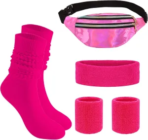 80s Neon Sweatband Set, Pink Sports Headband Wristband, Long Slouch Socks, Shiny Running Waist Bag for Yoga Workout Gym Tennis, 80s Party Costume Accessories, Breast Cancer Awareness Accessories