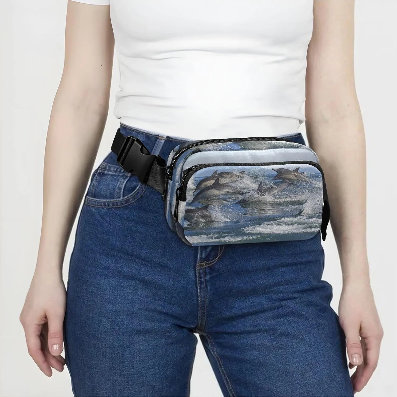 A Group of Dolphins with Long Beaks Jumped out of the Water Adjustable Belt Running Bag, Crossbody Fanny Pack Waist Runners Bag Tote for Women Men Sports Hiking Fitness Exercise Gym Pouch