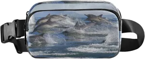 A Group of Dolphins with Long Beaks Jumped out of the Water Adjustable Belt Running Bag, Crossbody Fanny Pack Waist Runners Bag Tote for Women Men Sports Hiking Fitness Exercise Gym Pouch