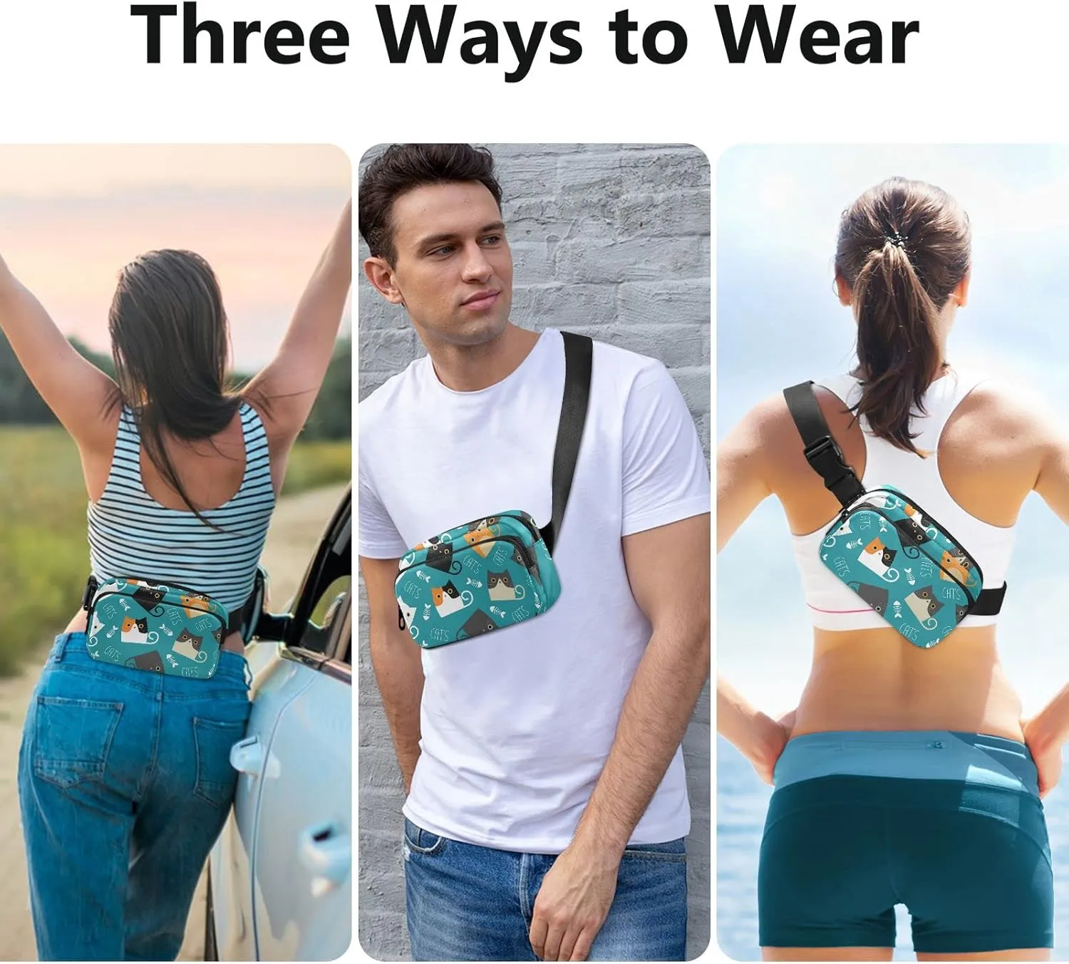 A Set of Different Color Cats and Fishes Bone Silhouettes Adjustable Belt Running Bag, Crossbody Fanny Pack Waist Runners Bag Tote for Women Men Sports Hiking Fitness Exercise Gym Pouch
