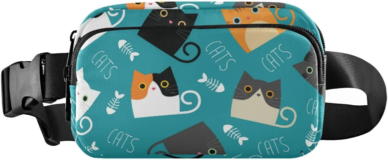 A Set of Different Color Cats and Fishes Bone Silhouettes Adjustable Belt Running Bag, Crossbody Fanny Pack Waist Runners Bag Tote for Women Men Sports Hiking Fitness Exercise Gym Pouch